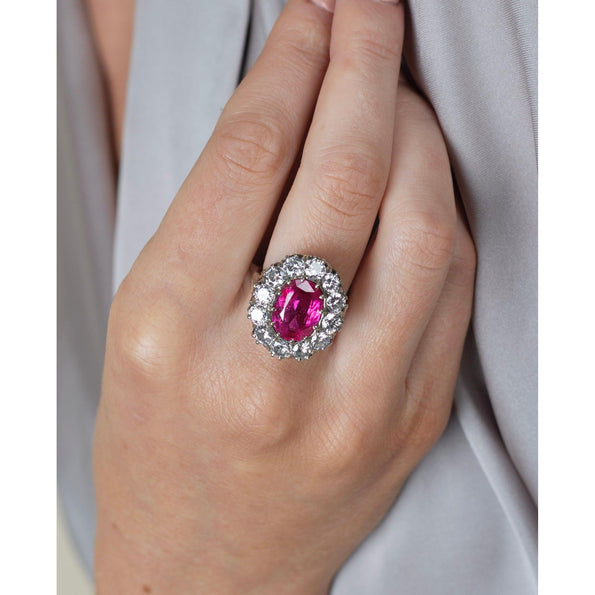 Art Deco AGL Certified No Heat 5.52 Carat Oval Cut Burma Ruby and Round Diamond Halo Ring