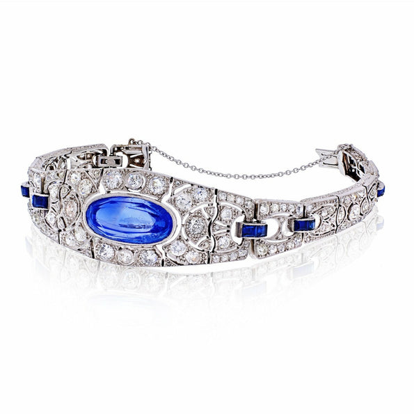 Bracelet Art déco avec saphir de Ceylan taille ovale de 20 carats et diamant taille ancienne européenne