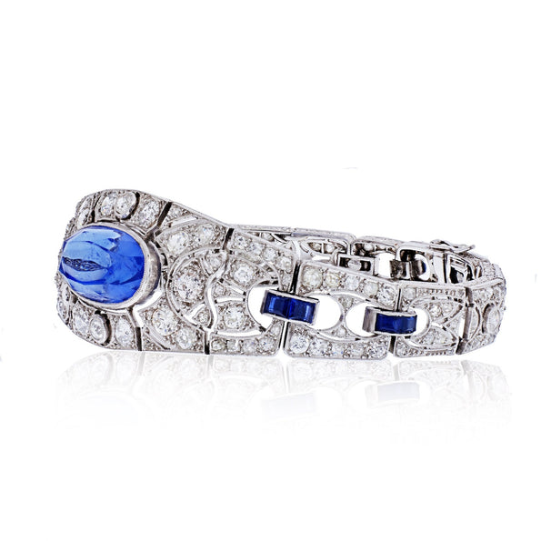 Bracelet Art déco en saphir de Ceylan ovale de 20 carats et diamants taille ancienne européenne