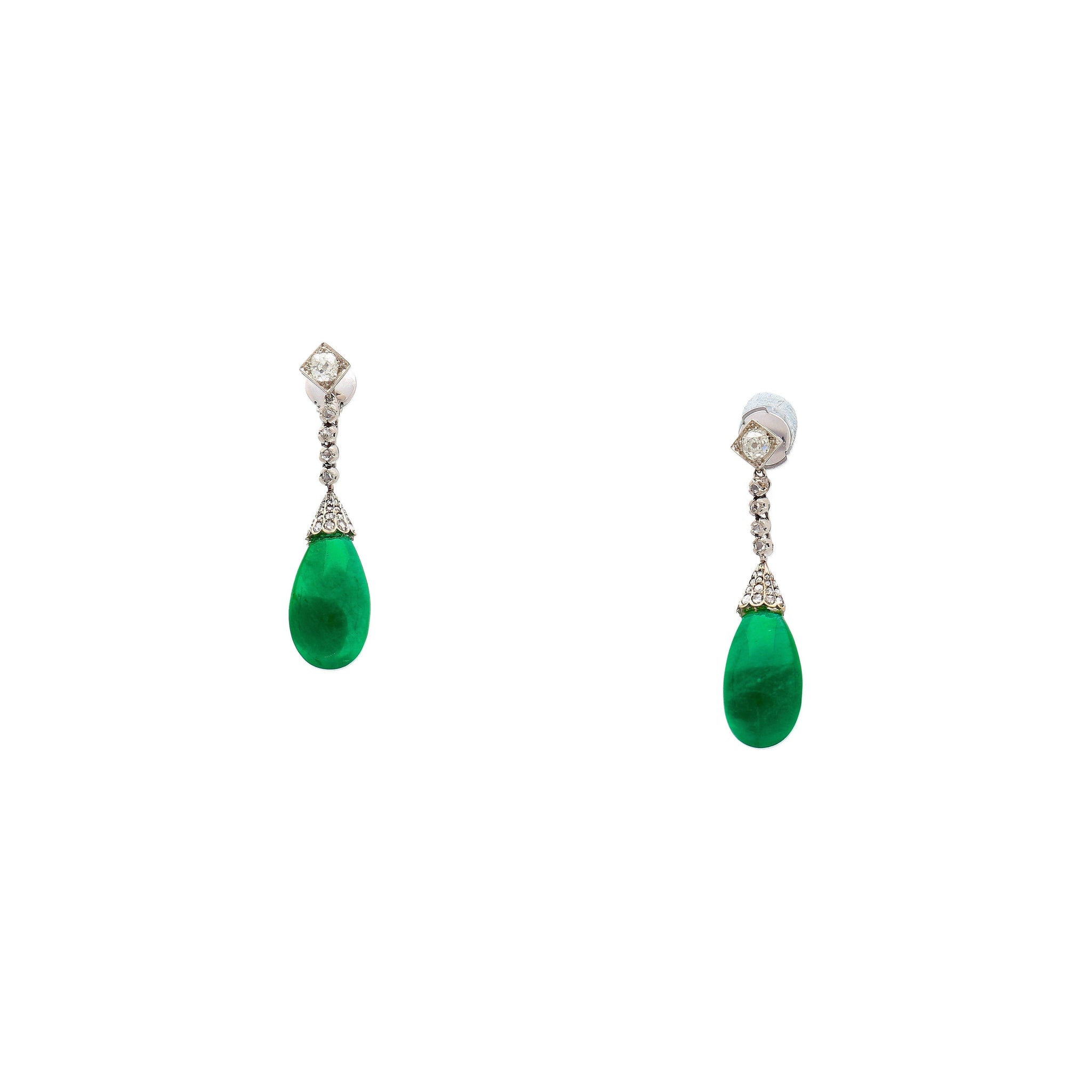 Art Deco Era 21 Carat Cabochon Pear Shape Emerald Drop Earrings | Circa 1940