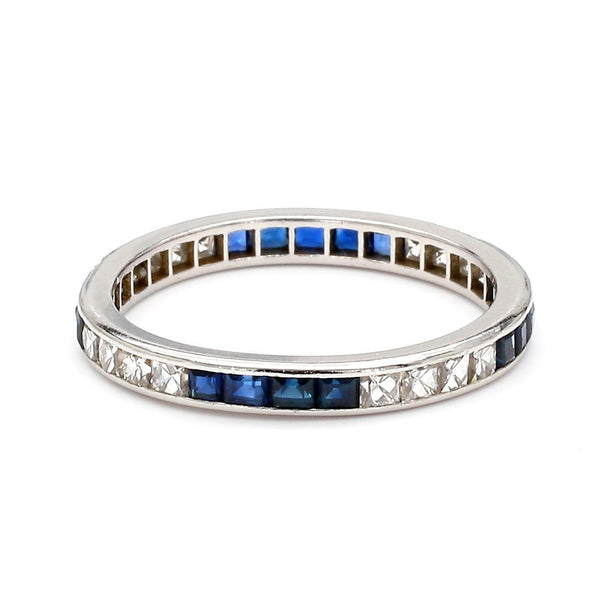 Art Deco French Cut Diamond & Sapphire Platinum Full Eternity Wedding Band Ring