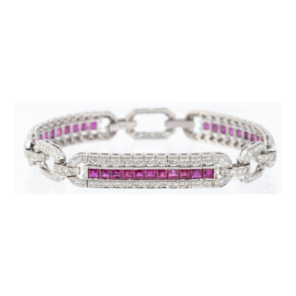 Art Deco Square Cut Ruby & Diamond Pave in 18K White Gold Link Tennis Bracelet