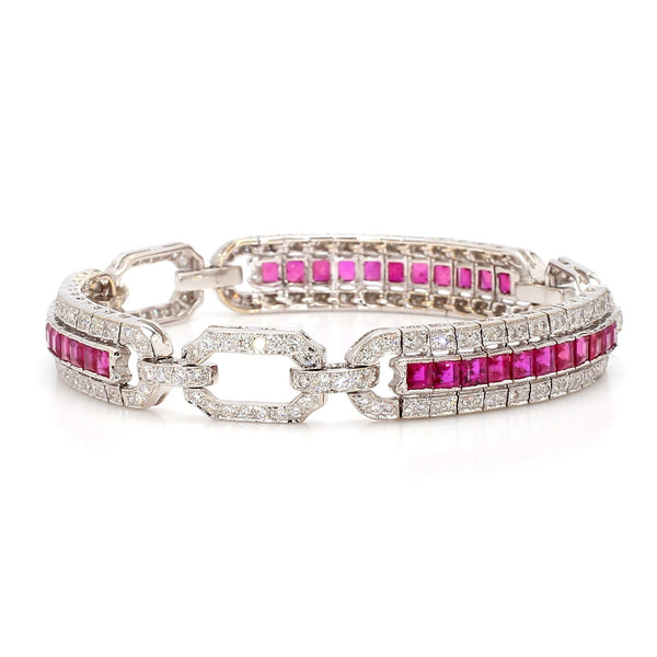Art Deco Square Cut Ruby & Diamond Pave in 18K White Gold Link Tennis Bracelet