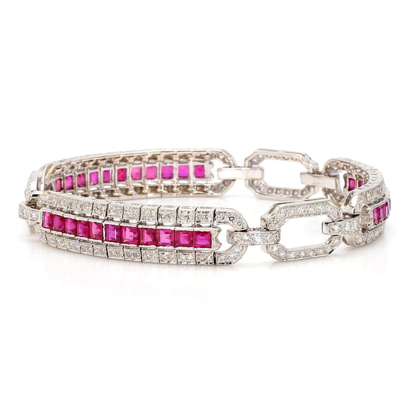Art Deco Square Cut Ruby & Diamond Pave in 18K White Gold Link Tennis Bracelet