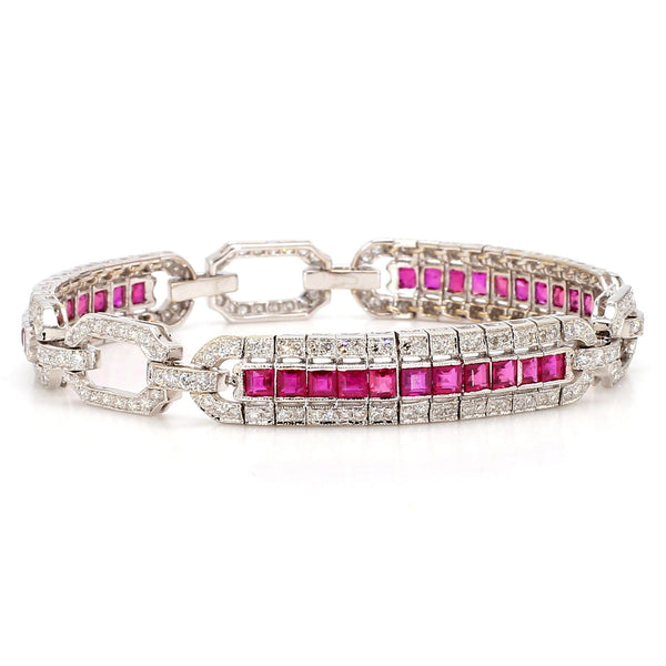 Art Deco Square Cut Ruby & Diamond Pave in 18K White Gold Link Tennis Bracelet