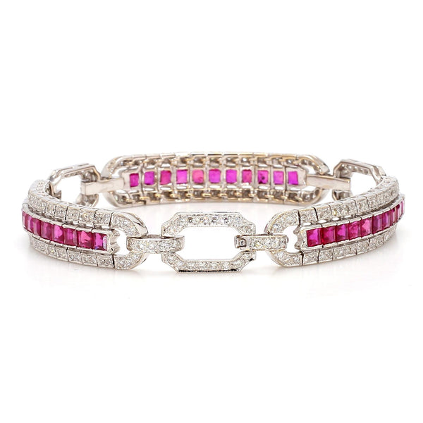Art Deco Square Cut Ruby & Diamond Pave in 18K White Gold Link Tennis Bracelet