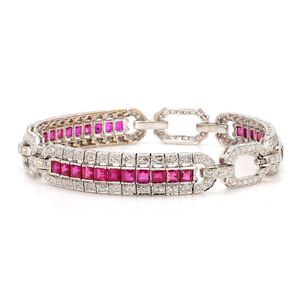 Art Deco Square Cut Ruby & Diamond Pave in 18K White Gold Link Tennis Bracelet