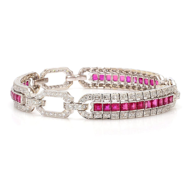 Art Deco Square Cut Ruby & Diamond Pave in 18K White Gold Link Tennis Bracelet
