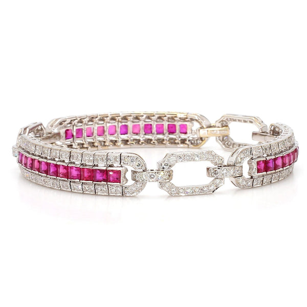 Art Deco Square Cut Ruby & Diamond Pave in 18K White Gold Link Tennis Bracelet
