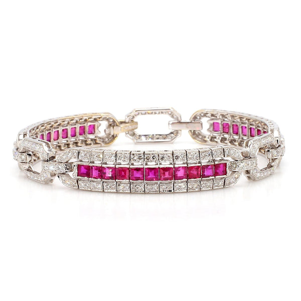 Art Deco Square Cut Ruby & Diamond Pave in 18K White Gold Link Tennis Bracelet