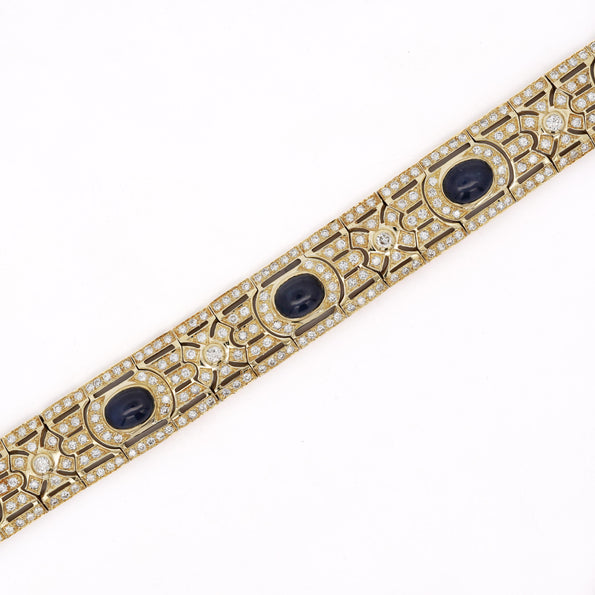 Art Deco Style 12 Carat Cabochon Sapphire & Diamond 18K Gold Bracelet