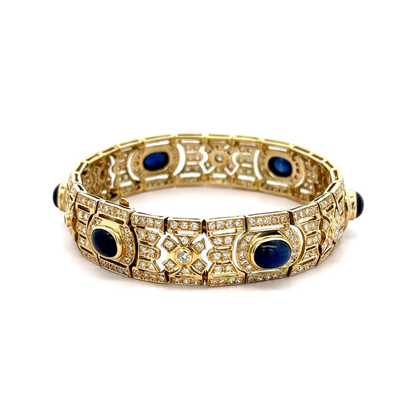 Art Deco Style 12 Carat Cabochon Sapphire & Diamond 18K Gold Bracelet