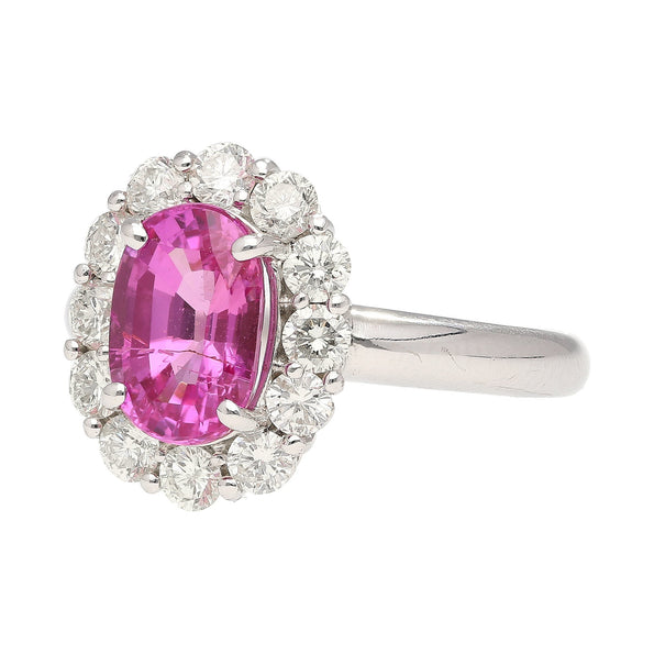CGTL Certified 3.96 Carat Oval Cut Pink Sapphire and Diamond Halo Ring in 18k White Gold