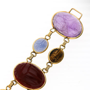 Carved Scarab Beetle 14K Gold Multicolor Hardstone Egyptian Revival Bracelet – Assay Jewelers