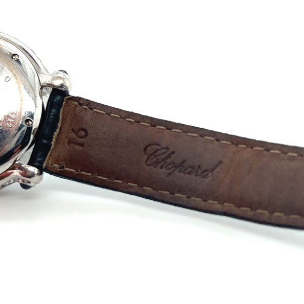 Chopard 18K White Gold Happy Sport Blue Sapphire and Diamond Watch | Pouch & Papers