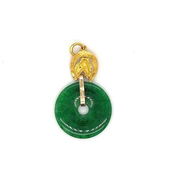 Pendentif circulaire en jade, disque, monture cheval en or 24k