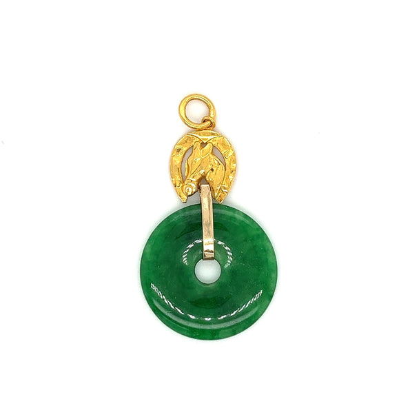 Pendentif rond en jade, monture cheval en or 24 carats