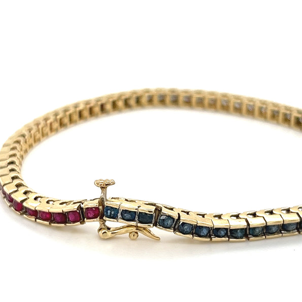 Bracelet tennis en diamants, rubis et saphirs | Bracelet tennis en pierres précieuses rouge, blanc et bleu