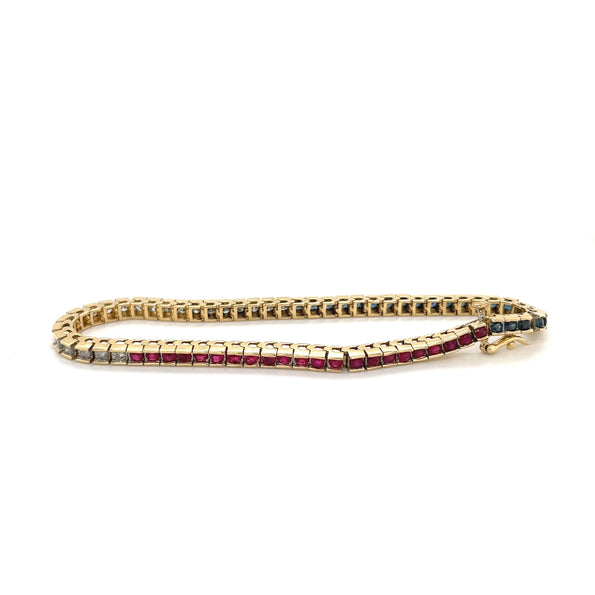 Bracelet tennis en diamant, rubis et saphirs | Bracelet tennis en pierres précieuses rouge, blanc et bleu