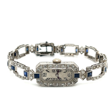 Orologio Eterna Art Déco in platino con diamanti e zaffiri blu – Assay Jewelers