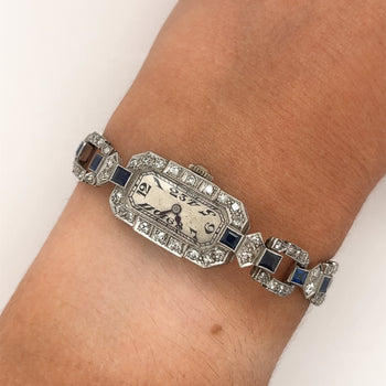 Orologio Eterna Art Déco in platino con diamanti e zaffiri blu – Assay Jewelers