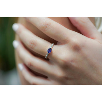 East West Oval Blue Sapphire and Diamond 18K White Gold Textured Ring – Assay Jewelers