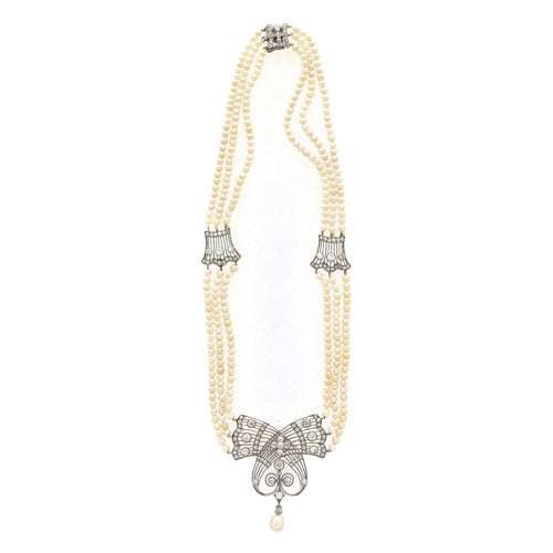 Edwardian GIA Certified Saltwater Pearl & Old Euro Cut Diamond Necklace