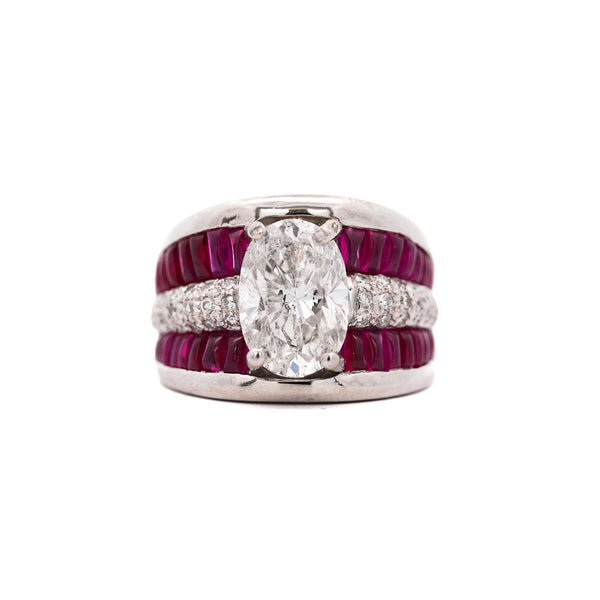 GIA 4.43 Carat Oval G/I1 Diamond & Cabochon Ruby Platinum Vintage Ring