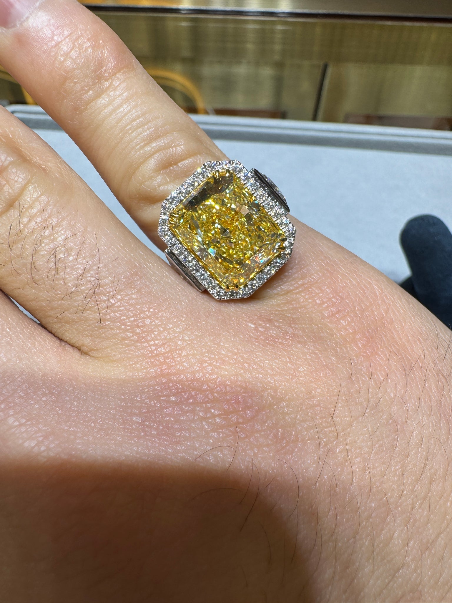 GIA Cert. 10.20 Carat Radiant Fancy Intense Yellow & Half Moon Cut Diamond Ring
