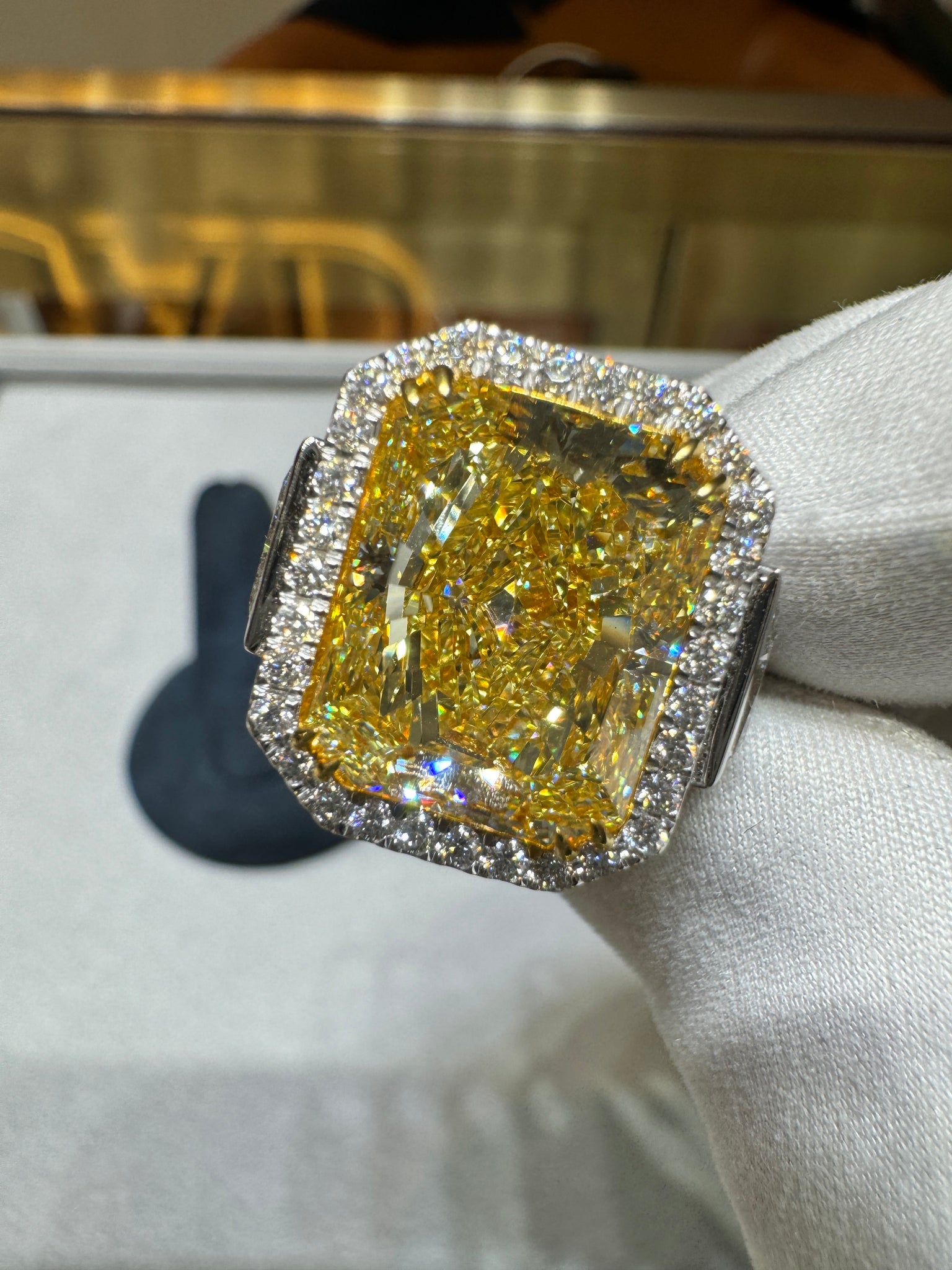 GIA Cert. 10.20 Carat Radiant Fancy Intense Yellow & Half Moon Cut Diamond Ring