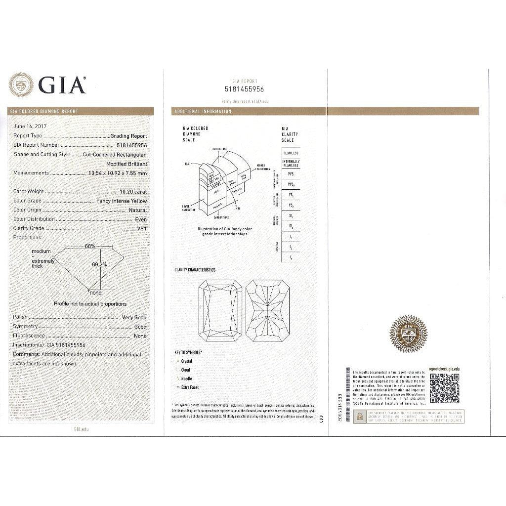 GIA Cert. 10.20 Carat Radiant Fancy Intense Yellow & Half Moon Cut Diamond Ring