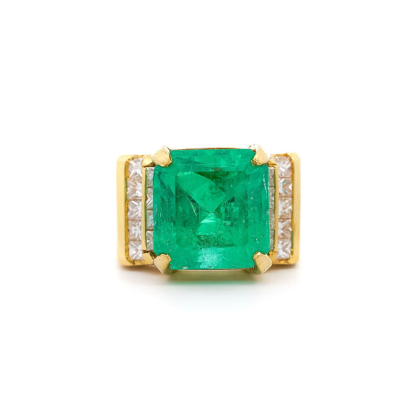 Bague pour homme en or 18K avec émeraude colombienne certifiée GIA de 13 carats et diamants taille princesse