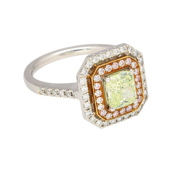 Ring con diamante taglio radiante Fancy Light Green-Yellow da 1,12 carati certificato GIA e halo di diamanti – Assay Jewelers