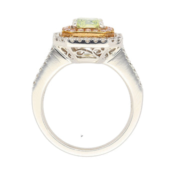 Ring con diamante taglio radiante Fancy Light Green-Yellow da 1,12 carati certificato GIA e halo di diamanti – Assay Jewelers