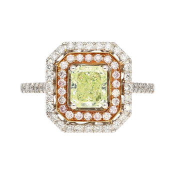 Ring con diamante taglio radiante Fancy Light Green-Yellow da 1,12 carati certificato GIA e halo di diamanti – Assay Jewelers