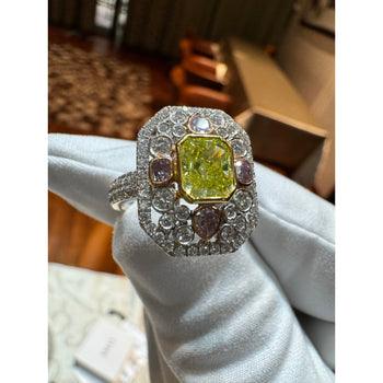 GIA Certified 1.15 Carat Radiant Cut Fancy Intense Yellowish Green Diamond Ring With Pink/White Side Stones – Assay Jewelers