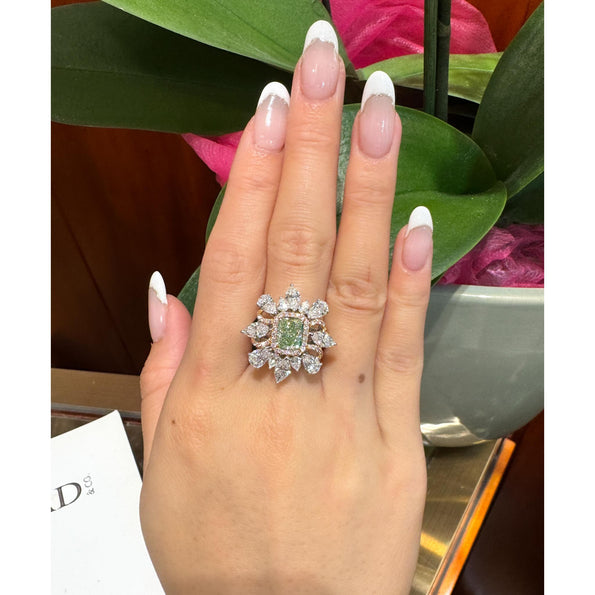 Bague en diamant taille radiant, jaune verdâtre intense fantaisie, certifiée GIA, 1,39 carat