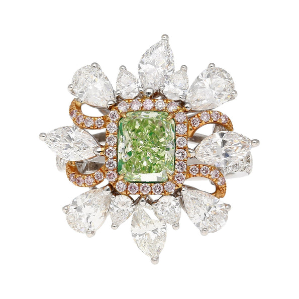 Bague en diamant jaune verdâtre intense fantaisie, taille radiant, 1,39 carat, certifiée GIA