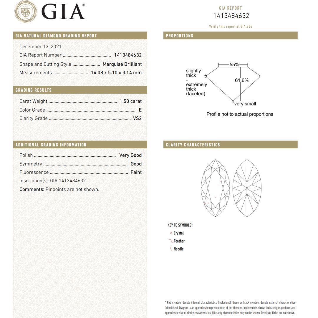GIA Certified 1.5 Carat Marquise Cut E/VS2 Diamond Horizontal Set Mens Pinky Ring