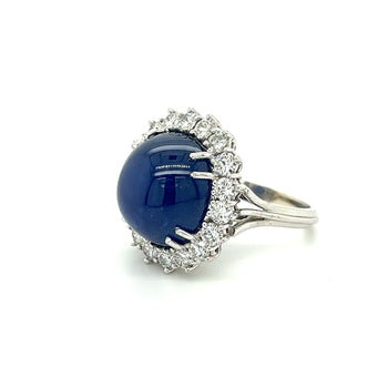 GIA Certified 25 Carat Cabochon Blue Sapphire & Diamond Halo Ring in Platinum – Assay Jewelers