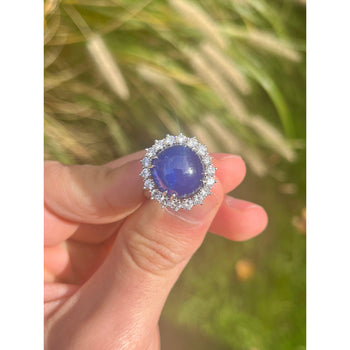 GIA Certified 25 Carat Cabochon Blue Sapphire & Diamond Halo Ring in Platinum – Assay Jewelers