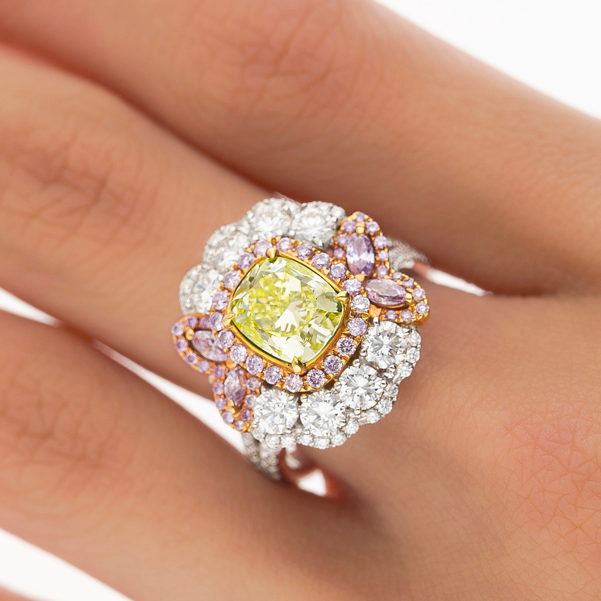 GIA Certified 2.02 Carat Cushion Cut Fancy Greenish Yellow Diamond Ring