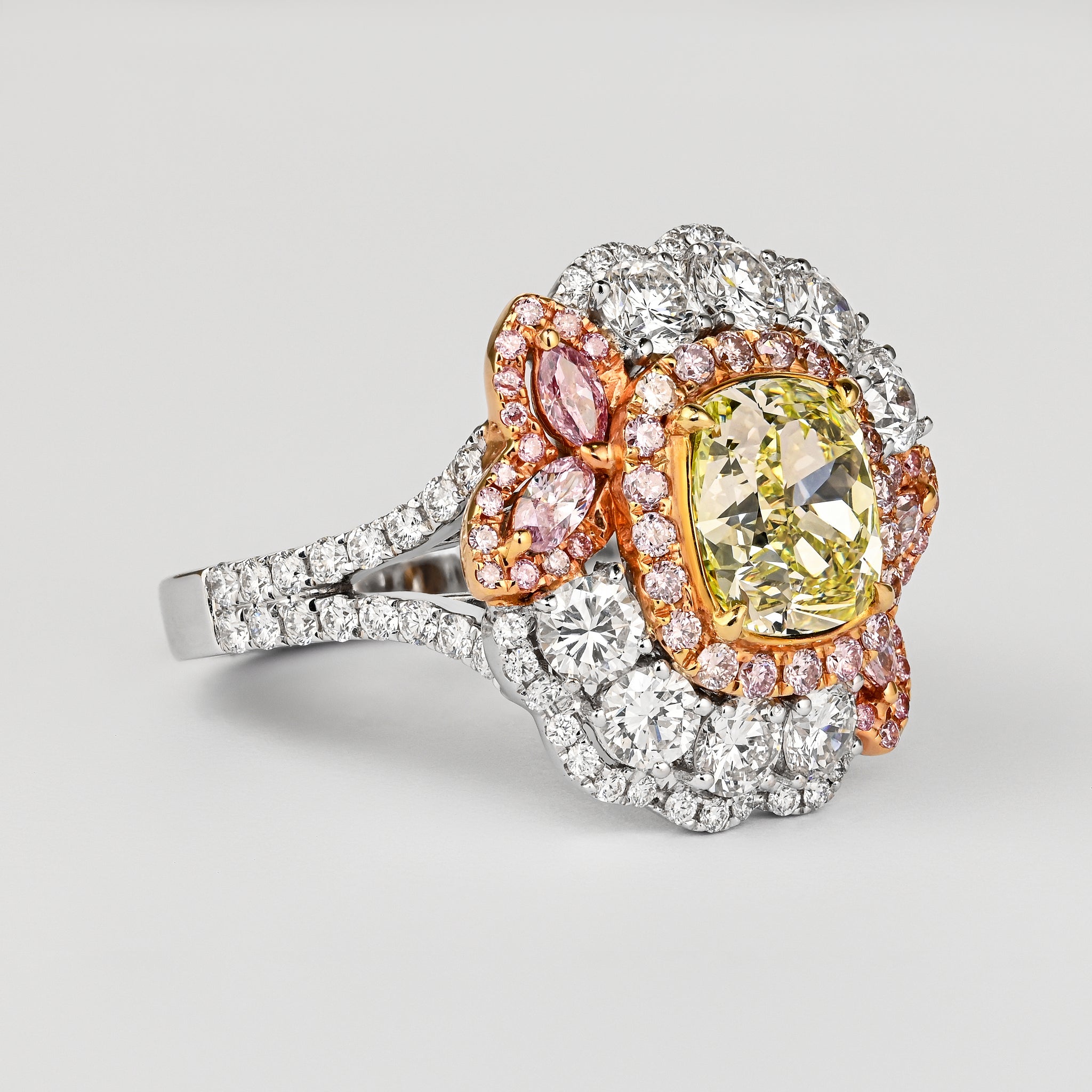 GIA Certified 2.02 Carat Cushion Cut Fancy Greenish Yellow Diamond Ring