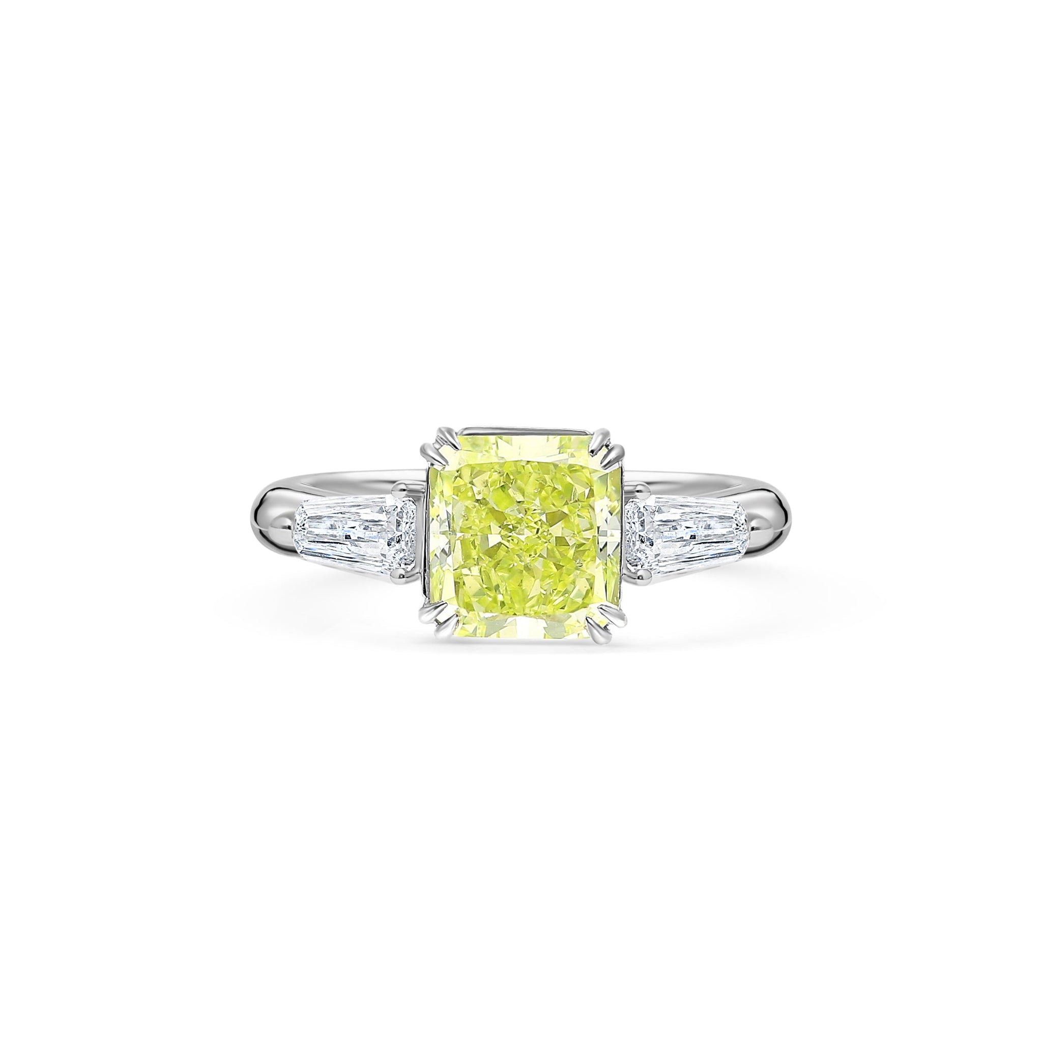 GIA Certified 2.22 Carat Fancy Yellow-Green Radiant Cut Diamond 3 Stone Ring in 18K White Gold