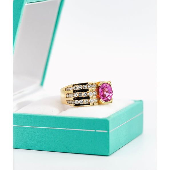 GIA Certified 2.77 Carat Oval Cut Pink Sapphire Square Shape Ring in Half Bezel and Channel Setting