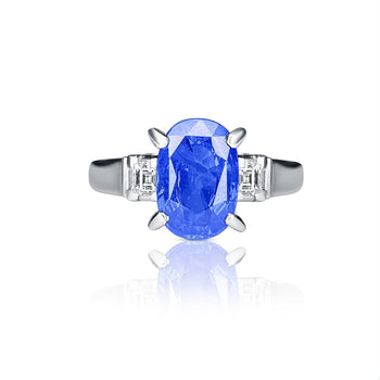 GIA Certified 3.25 Carat Oval Cut Natural Blue Sapphire & Platinum 3 Stone Ring – Assay Jewelers