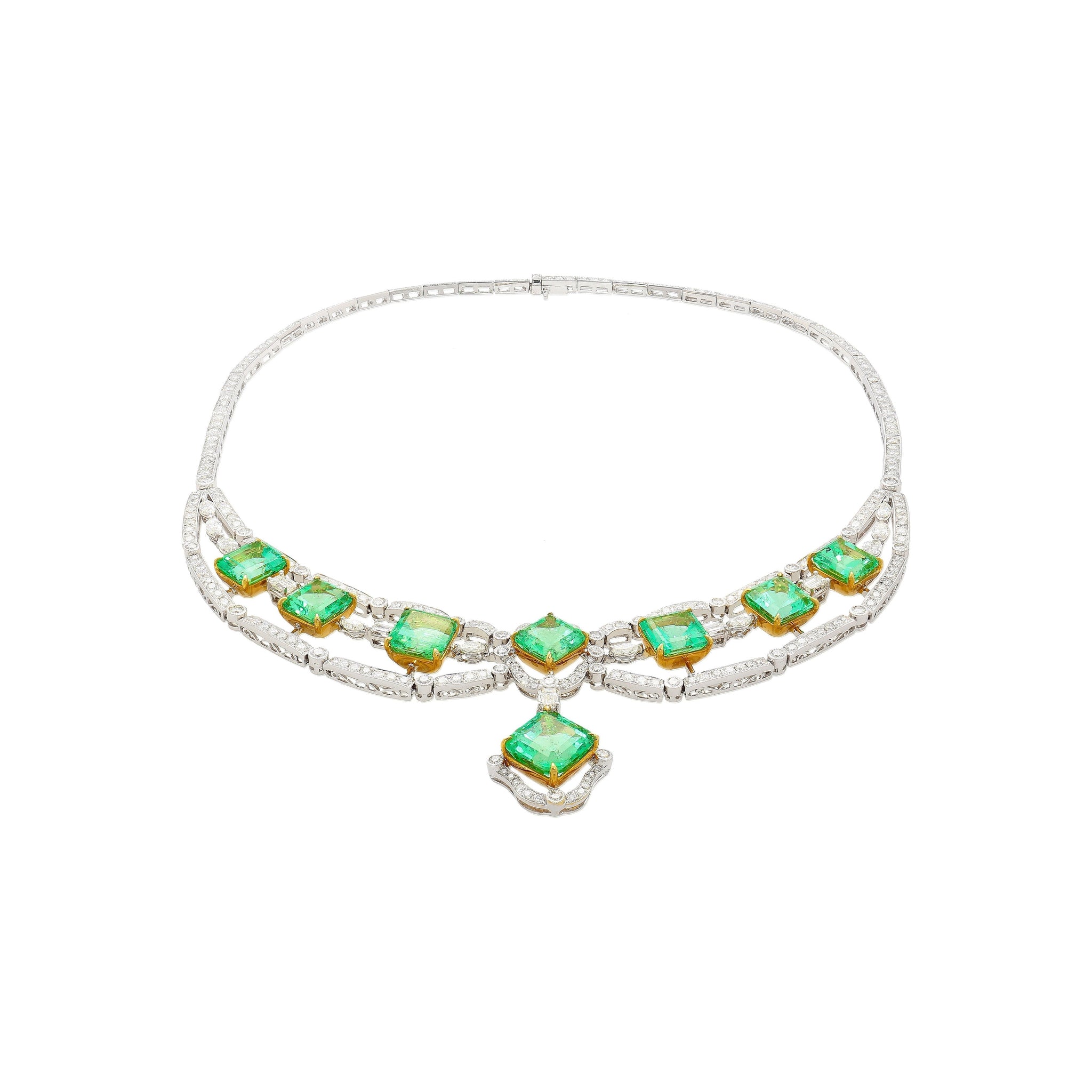 GIA Certified 46.45 Carat Emerald and Diamond Chandelier Necklace
