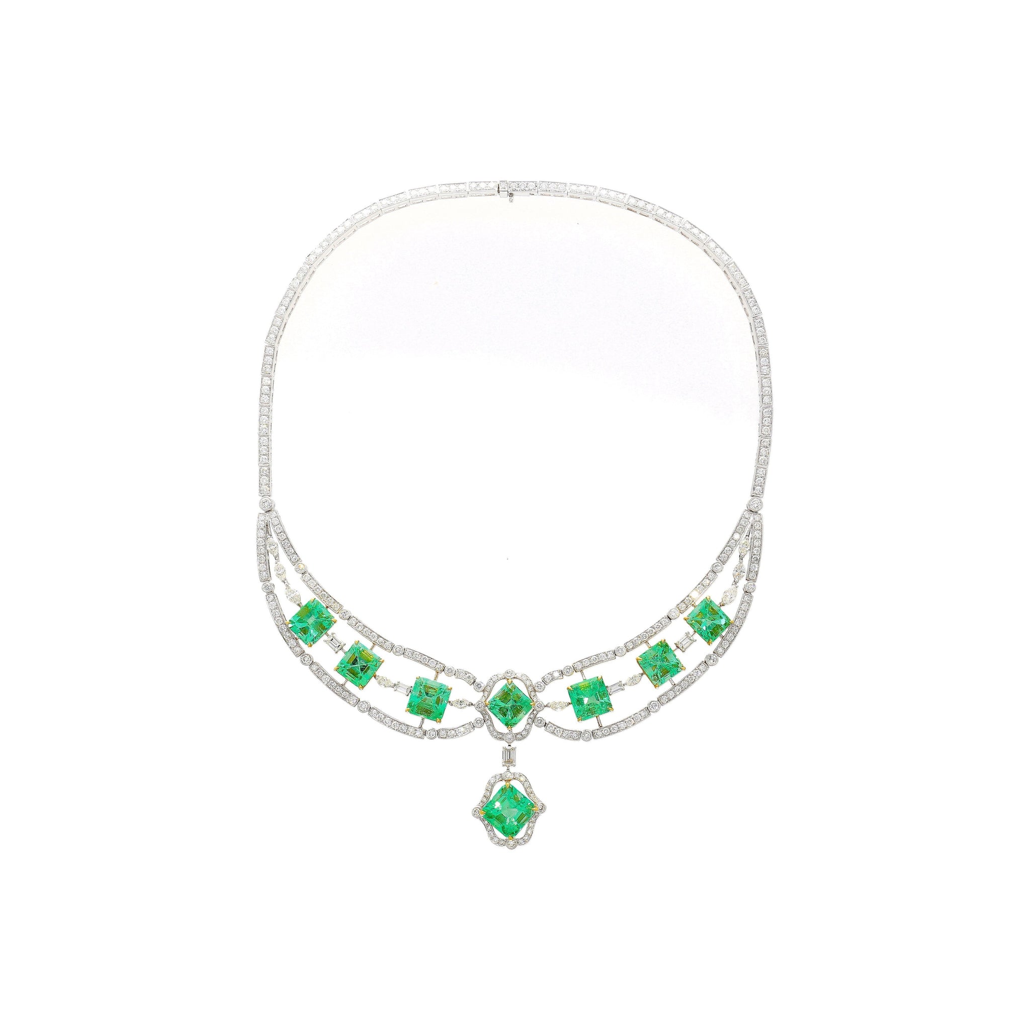 GIA Certified 46.45 Carat Emerald and Diamond Chandelier Necklace