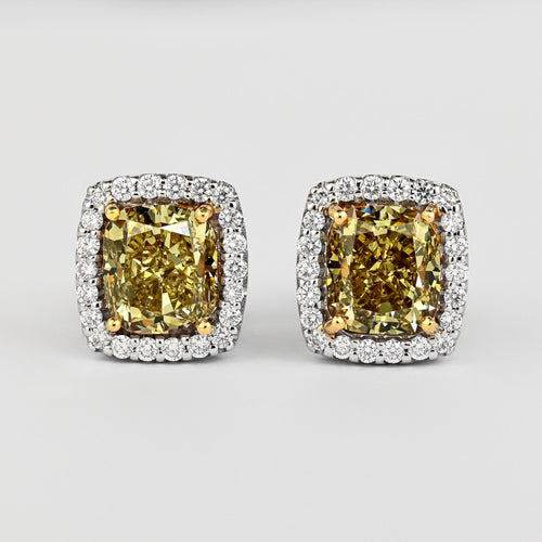 GIA Certified 5.12 Carat Fancy Brownish Greenish Yellow Diamond Stud Earrings