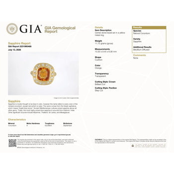 GIA Certified 6 Carat Cushion Cut Orange Sapphire Diamond Halo 18K Gold Ring – Assay Jewelers